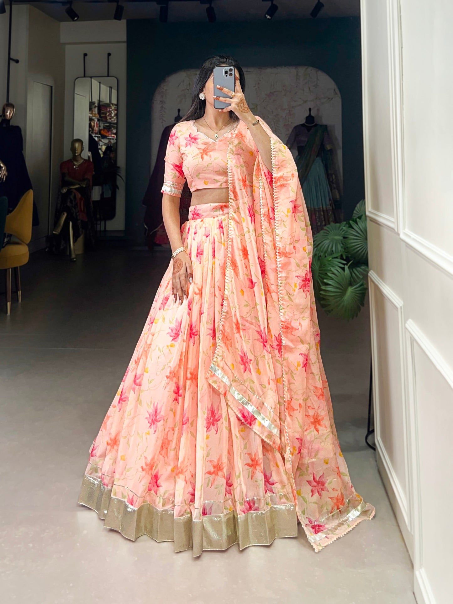 Lorenvalley Peach Tabby Silk Floral Print With Lace Touch Up Lehenga Choli with Dupatta | Swadesiicart