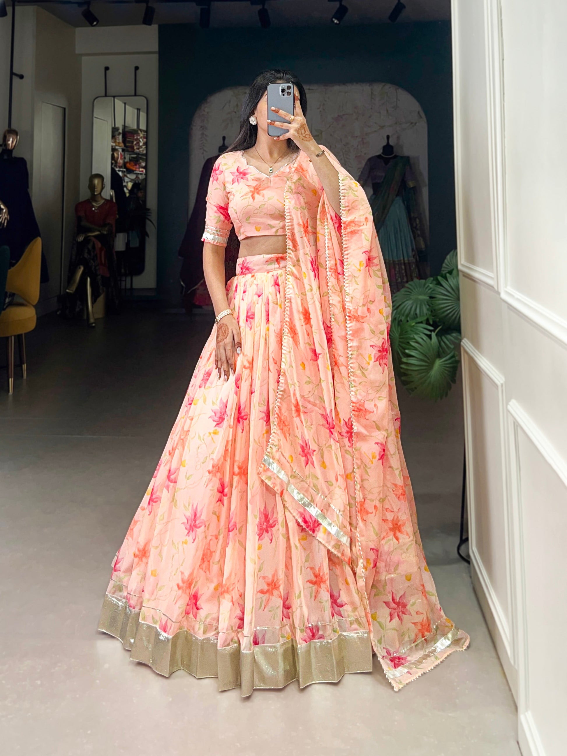 Lorenvalley Peach Tabby Silk Floral Print With Lace Touch Up Lehenga Choli with Dupatta | Swadesiicart