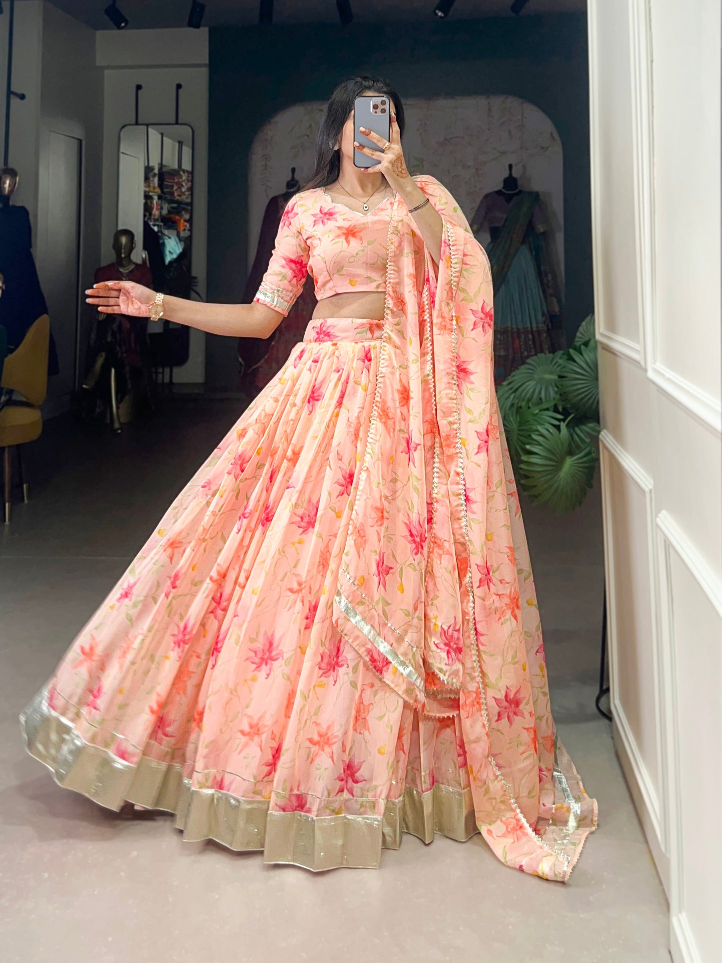 Lorenvalley Peach Tabby Silk Floral Print With Lace Touch Up Lehenga Choli with Dupatta | Swadesiicart