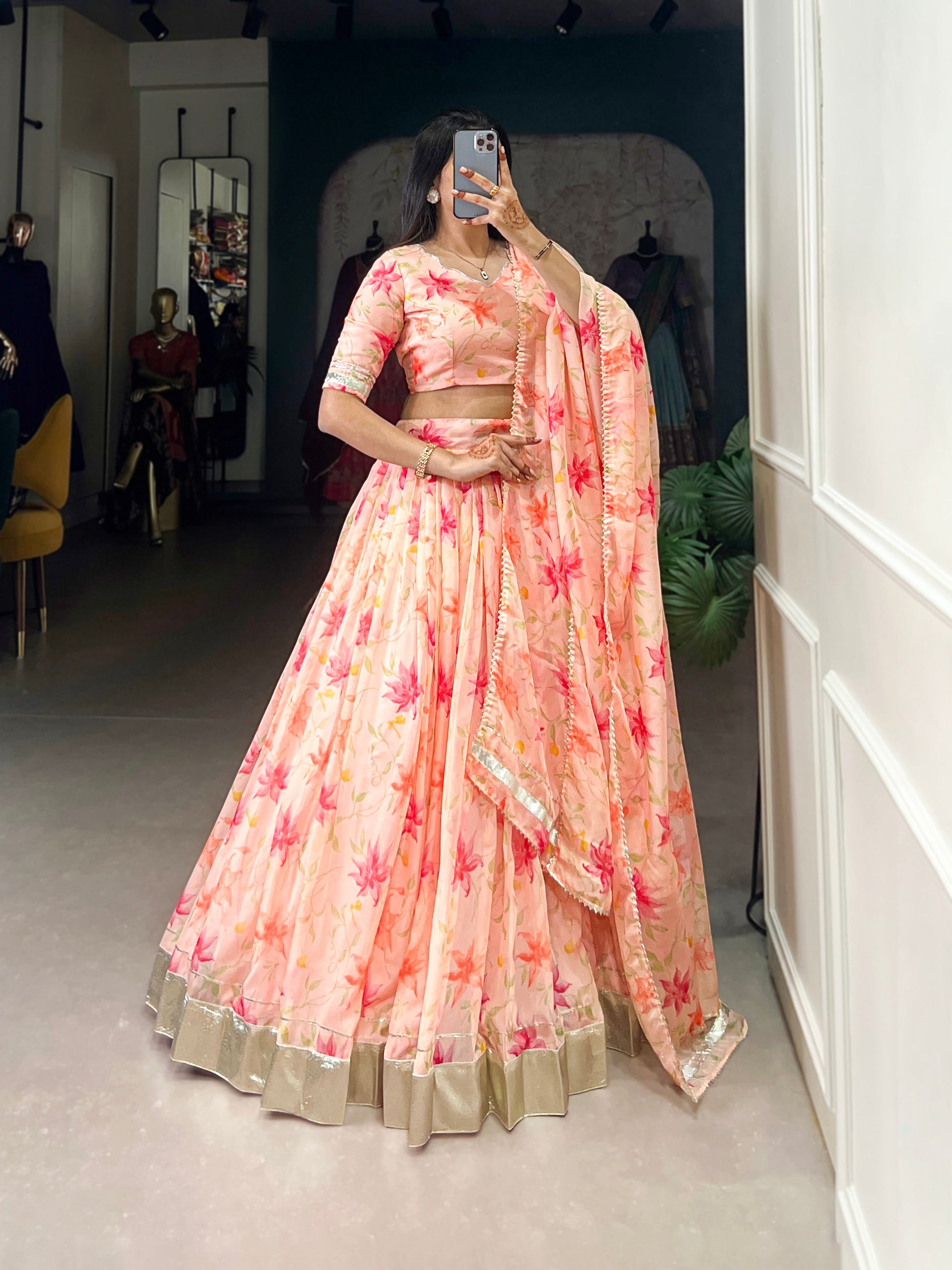 Lorenvalley Peach Tabby Silk Floral Print With Lace Touch Up Lehenga Choli with Dupatta | Swadesiicart