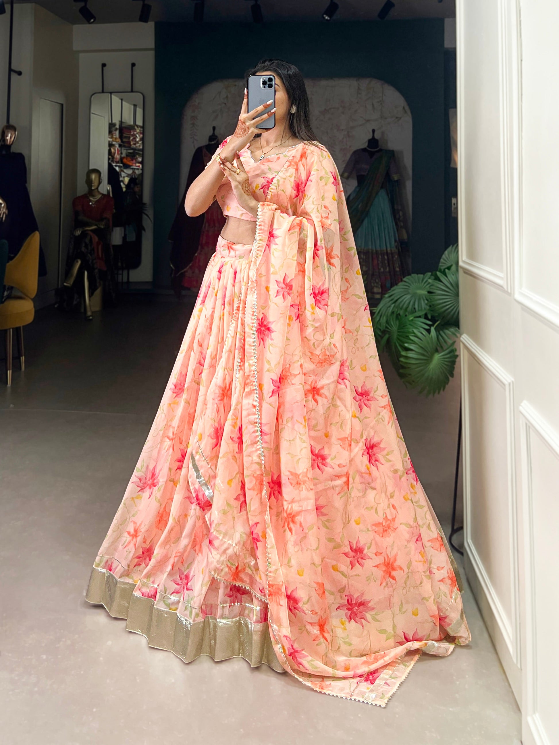 Lorenvalley Peach Tabby Silk Floral Print With Lace Touch Up Lehenga Choli with Dupatta | Swadesiicart