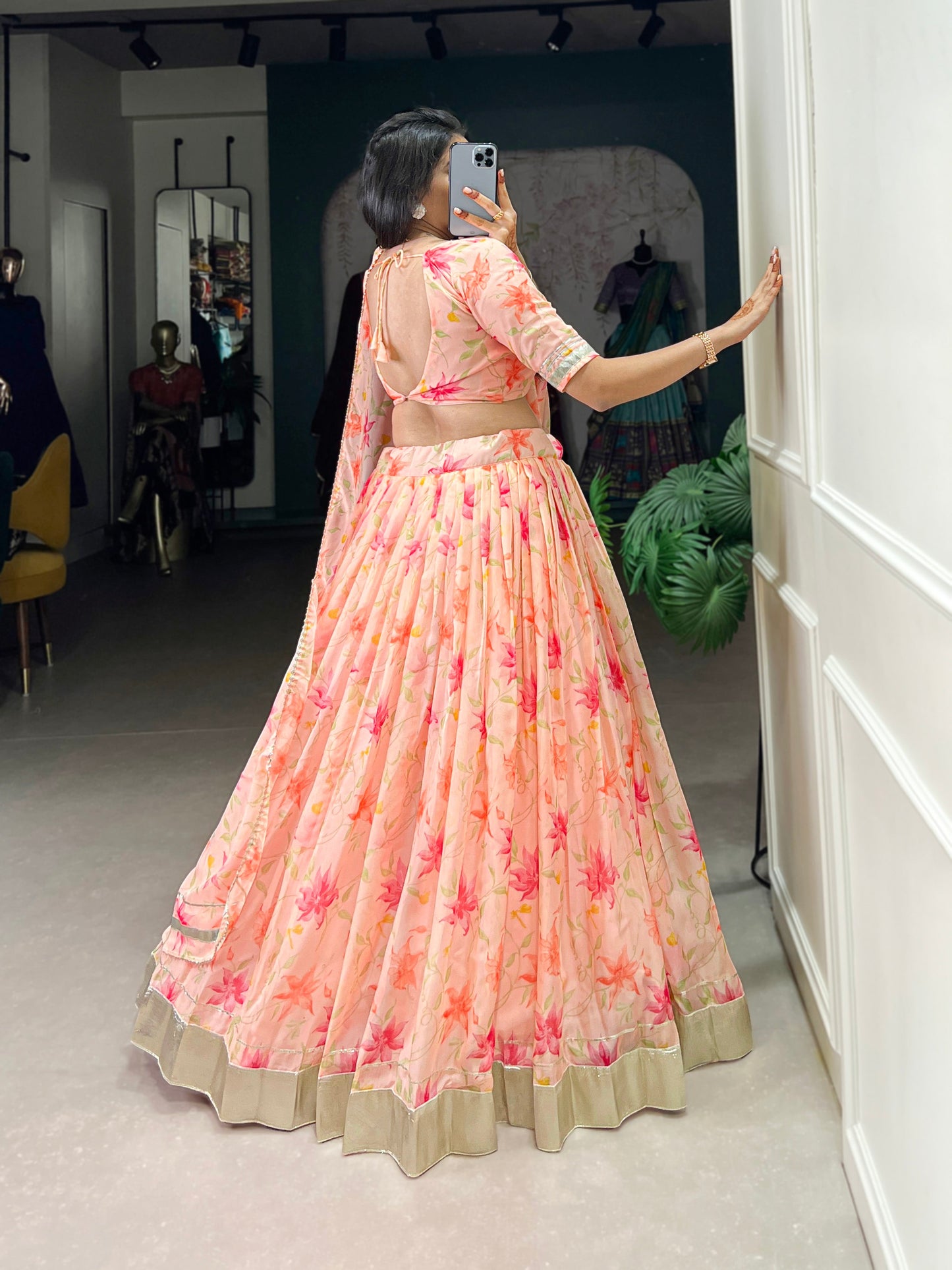 Lorenvalley Peach Tabby Silk Floral Print With Lace Touch Up Lehenga Choli with Dupatta | Swadesiicart