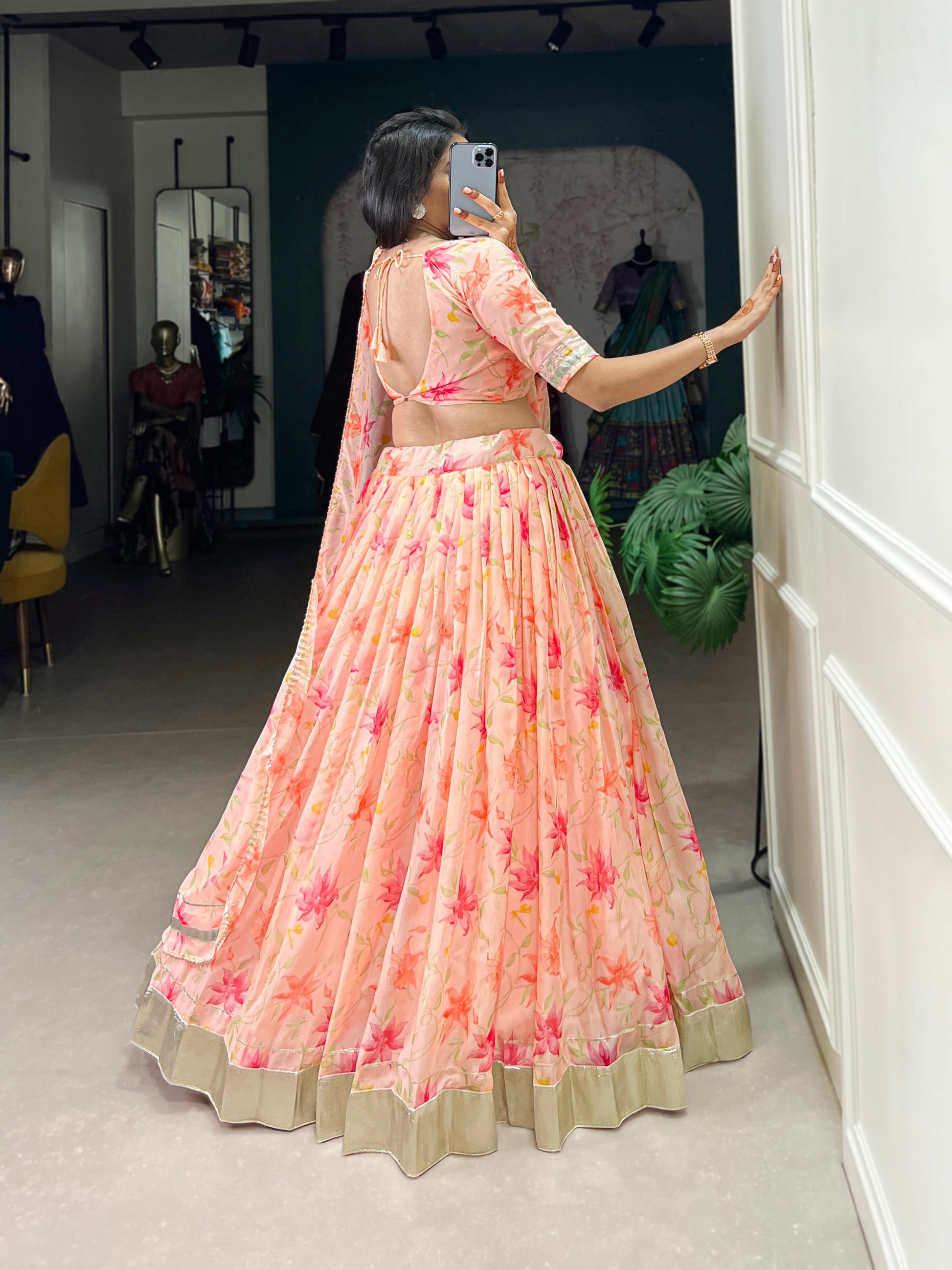 Lorenvalley Peach Tabby Silk Floral Print With Lace Touch Up Lehenga Choli with Dupatta | Swadesiicart