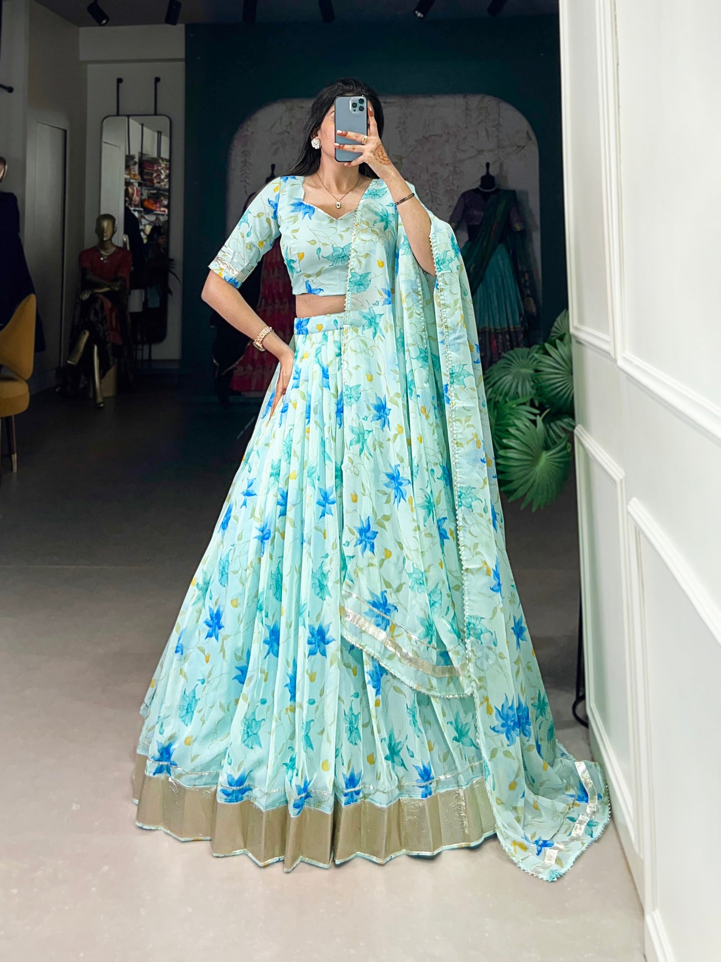 Lorenvalley Pista Tabby Silk Floral Print With Lace Touch Up Lehenga Choli with Dupatta | Swadesiicart