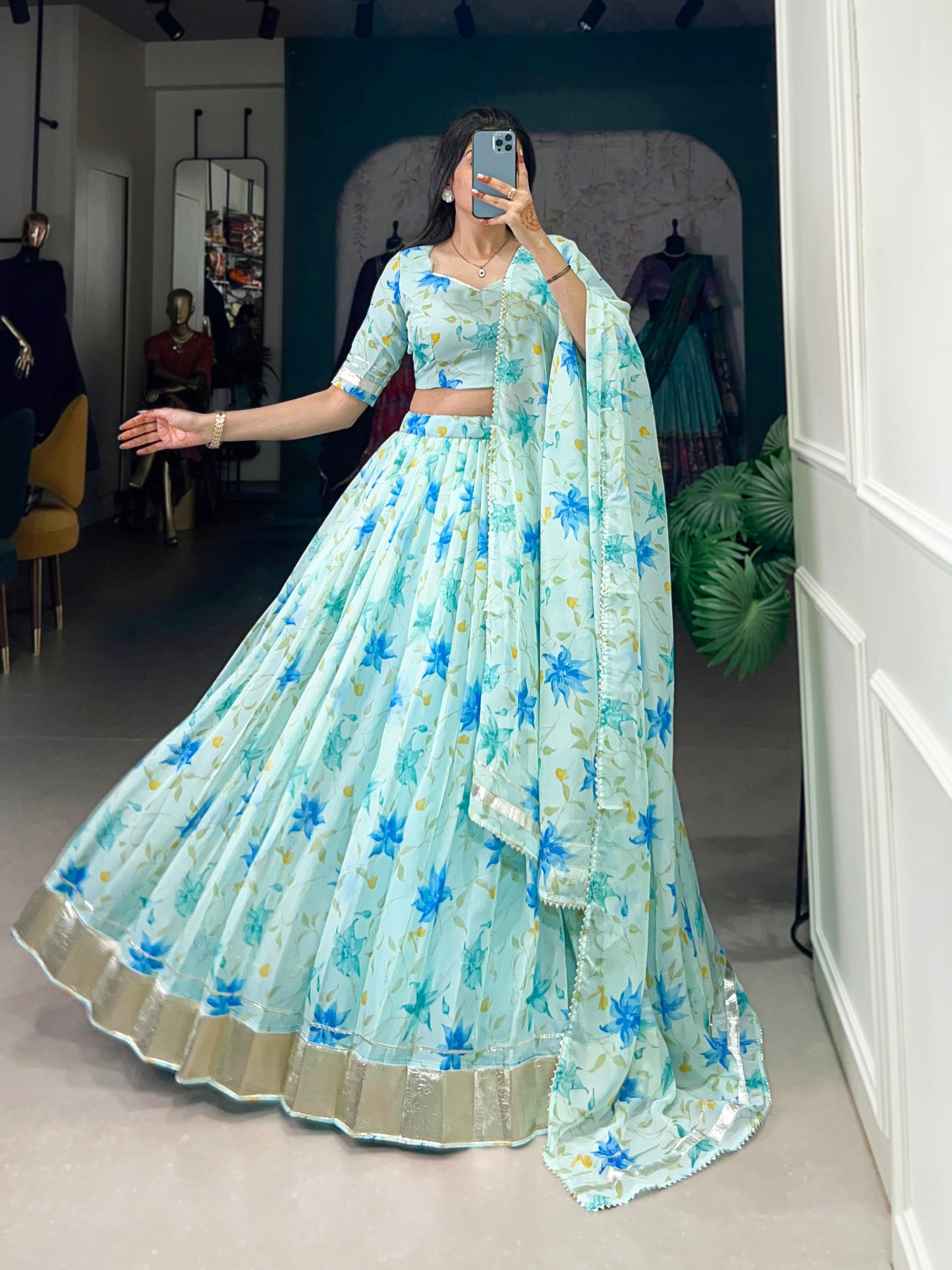 Lorenvalley Pista Tabby Silk Floral Print With Lace Touch Up Lehenga Choli with Dupatta | Swadesiicart