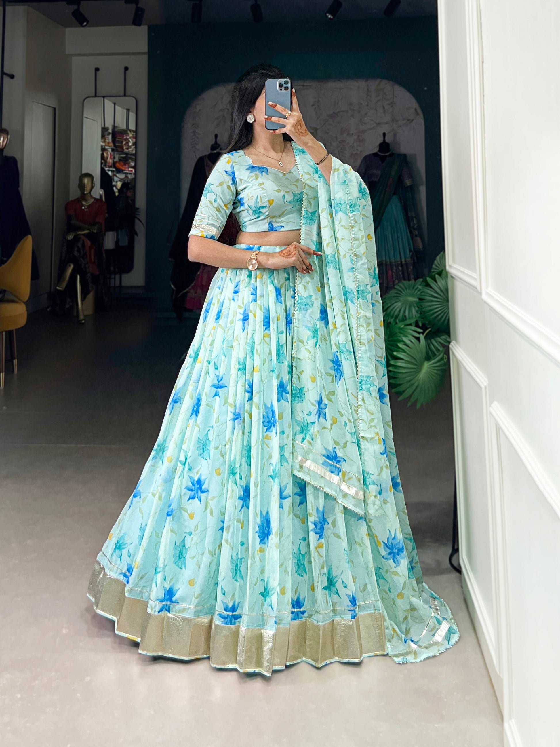 Lorenvalley Pista Tabby Silk Floral Print With Lace Touch Up Lehenga Choli with Dupatta | Swadesiicart