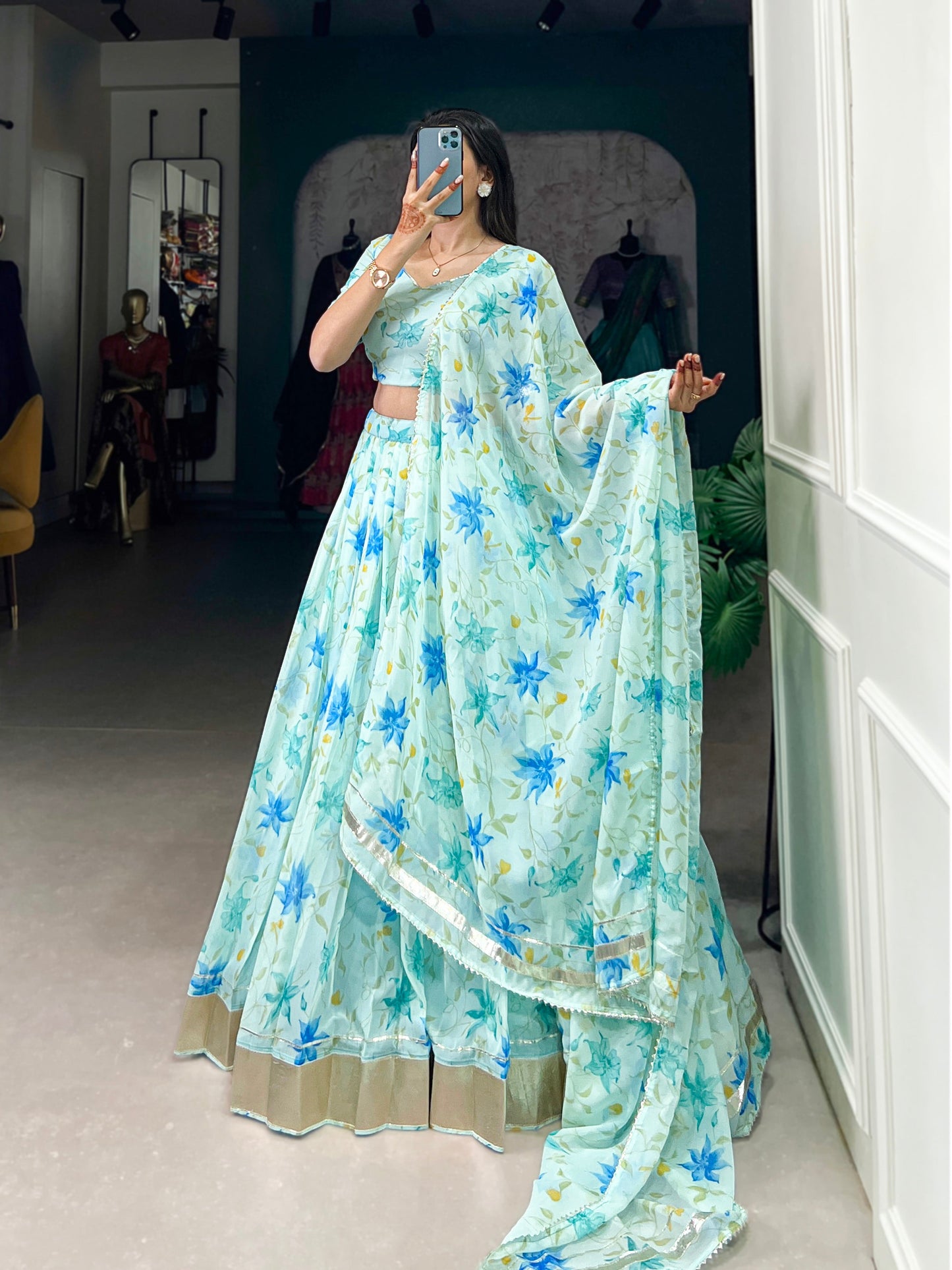 Lorenvalley Pista Tabby Silk Floral Print With Lace Touch Up Lehenga Choli with Dupatta | Swadesiicart