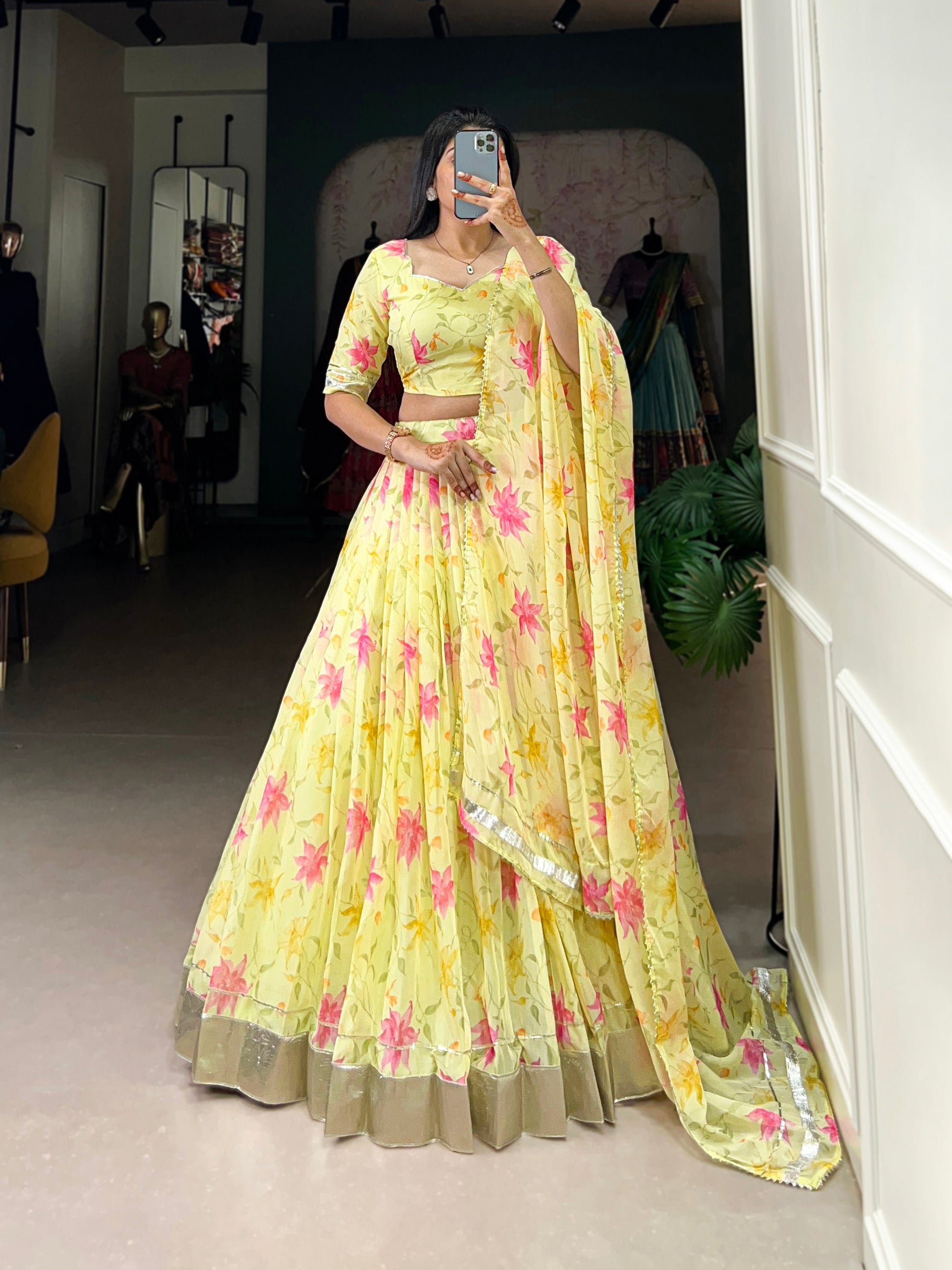 Lorenvalley Yellow Tabby Silk Floral Print With Lace Touch Up Lehenga Choli with Dupatta | Swadesiicart