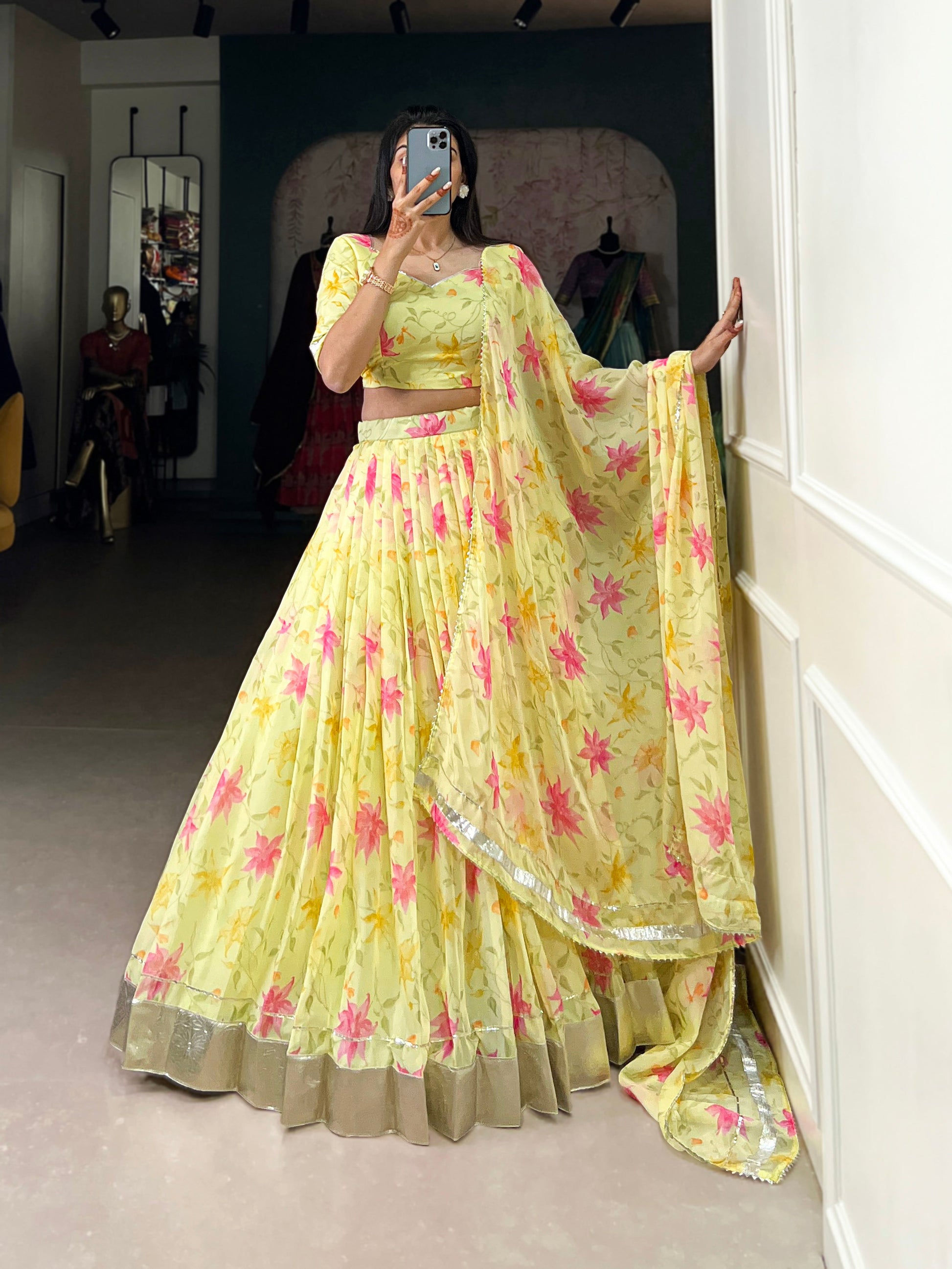 Lorenvalley Yellow Tabby Silk Floral Print With Lace Touch Up Lehenga Choli with Dupatta | Swadesiicart