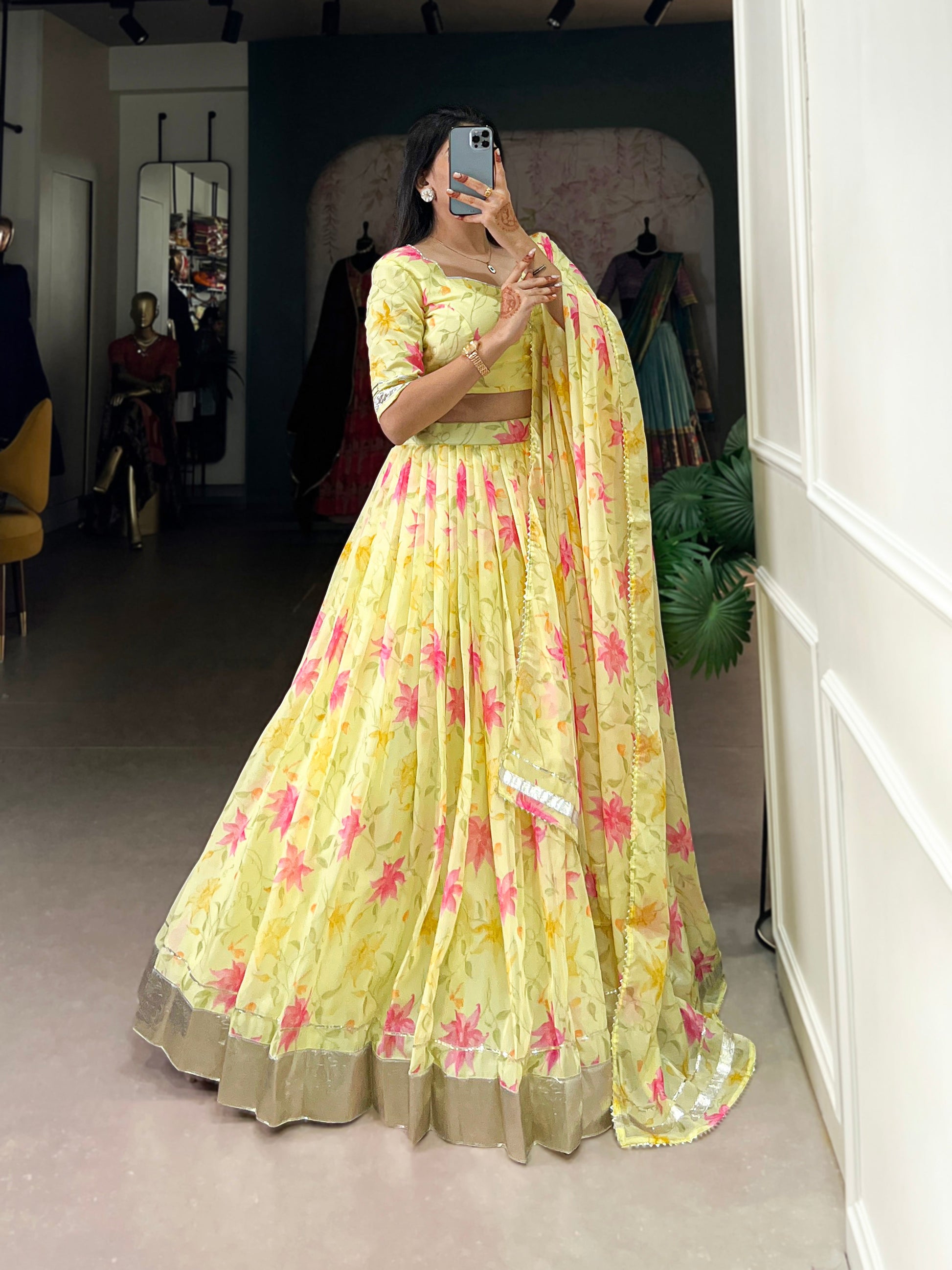 Lorenvalley Yellow Tabby Silk Floral Print With Lace Touch Up Lehenga Choli with Dupatta | Swadesiicart
