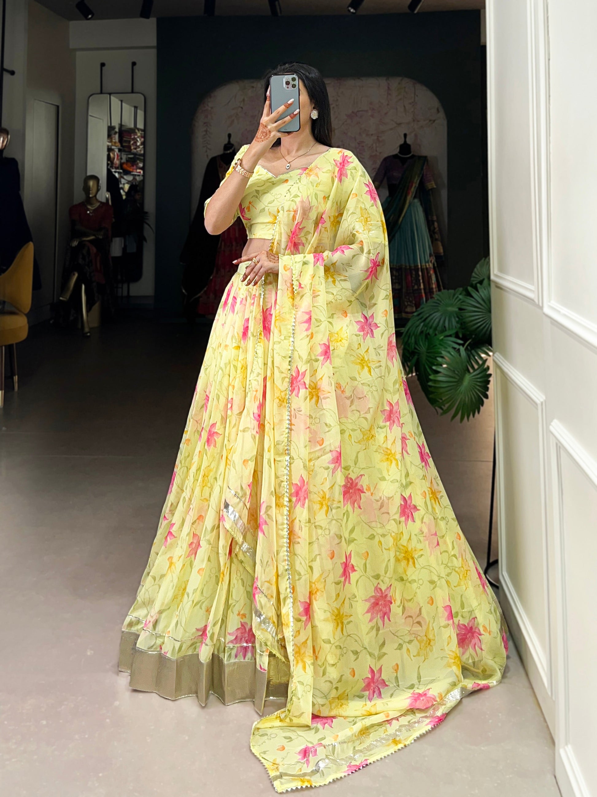 Lorenvalley Yellow Tabby Silk Floral Print With Lace Touch Up Lehenga Choli with Dupatta | Swadesiicart