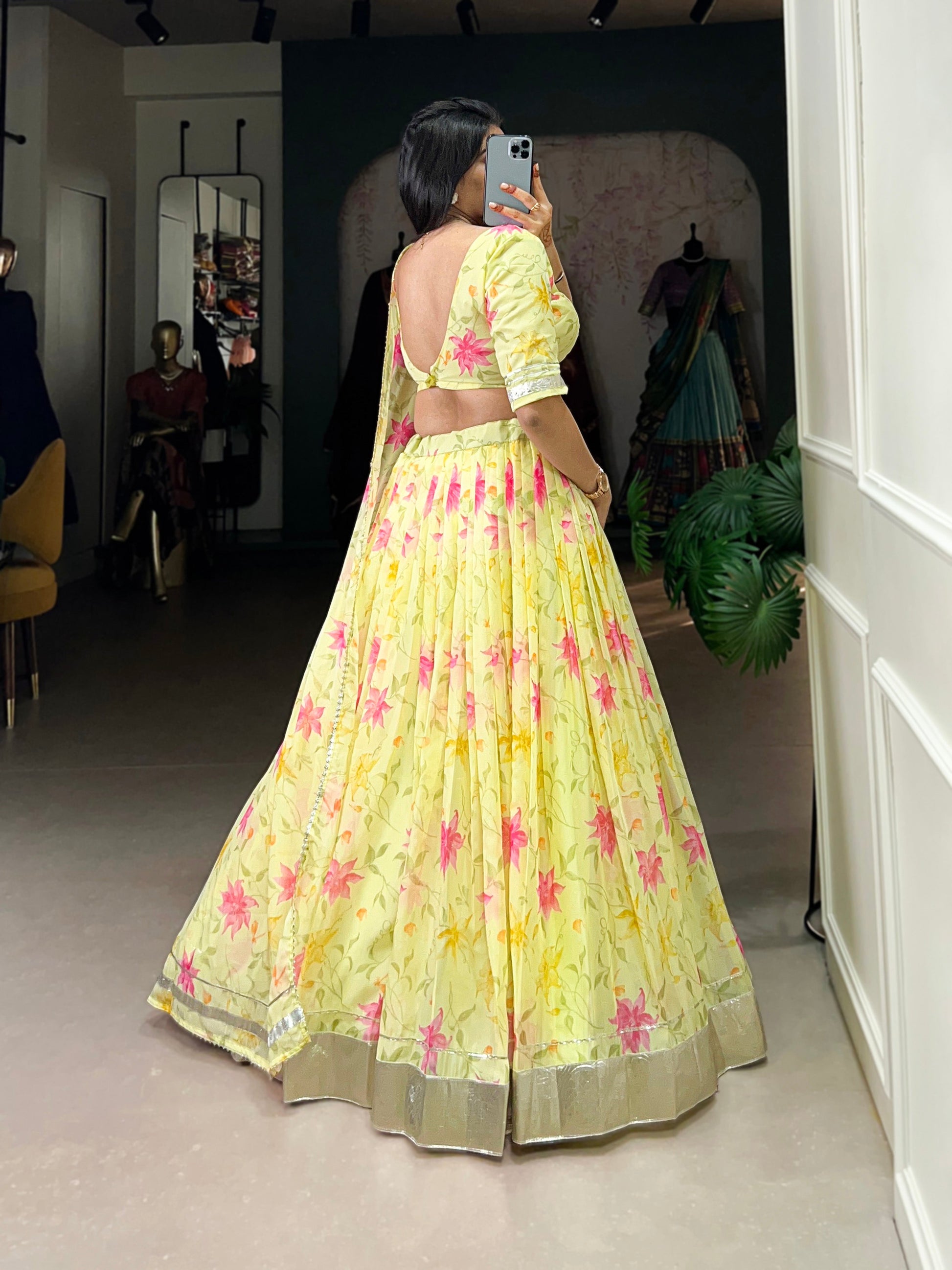 Lorenvalley Yellow Tabby Silk Floral Print With Lace Touch Up Lehenga Choli with Dupatta | Swadesiicart