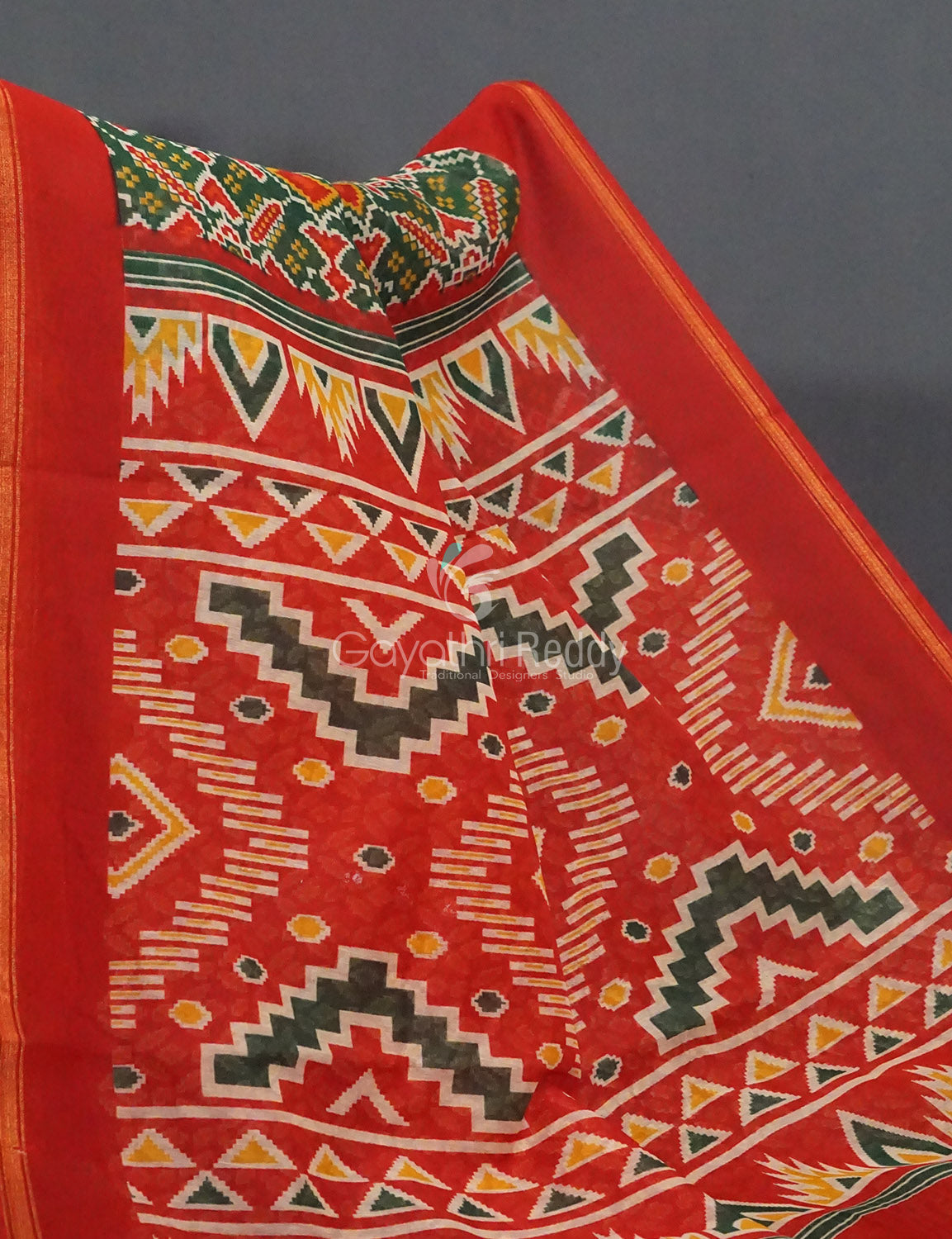Dark Leaf Green And Red Colour Patola Print Semi Chanderi Saree By Gayathri Reddy Designer Studio | Swadesiicart