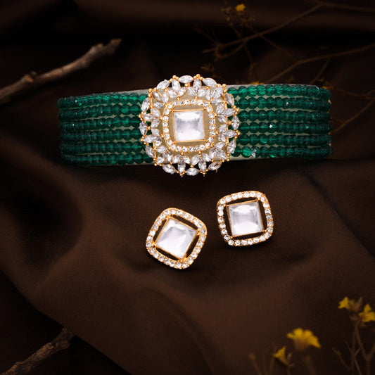 Tehzeeb Creations Brass Gold-Polished Gold, Green, White Jewel Set - Swadesiicart