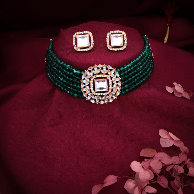 Tehzeeb Creations Brass Gold-Polished Gold, Green, White Jewel Set - Swadesiicart