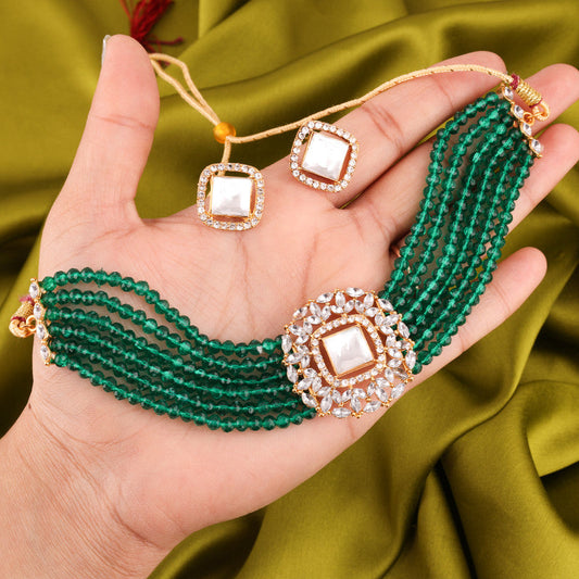 Tehzeeb Creations Brass Gold-Polished Gold, Green, White Jewel Set - Swadesiicart