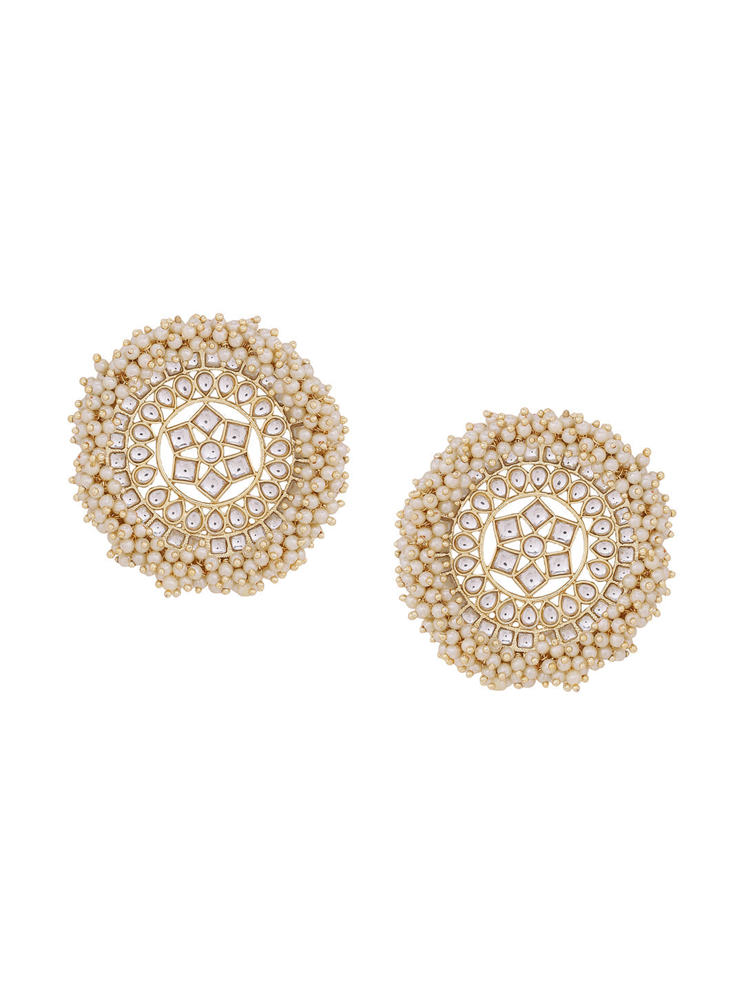 Shoshaa off-White Gold-Polished Kundan Studded & Beaded Circular Drop Earrings | Swadesiicart