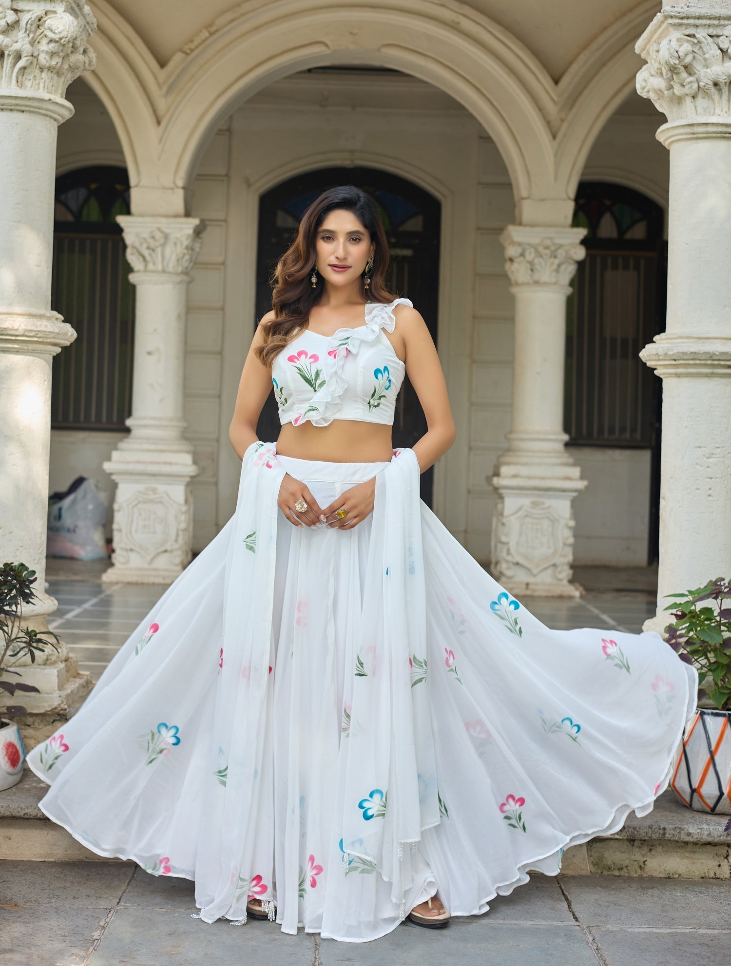 Lorenvalley Fashion White Georgette with Hand-painted Floral Design Lehenga Choli with Dupatta - Swadesiicart