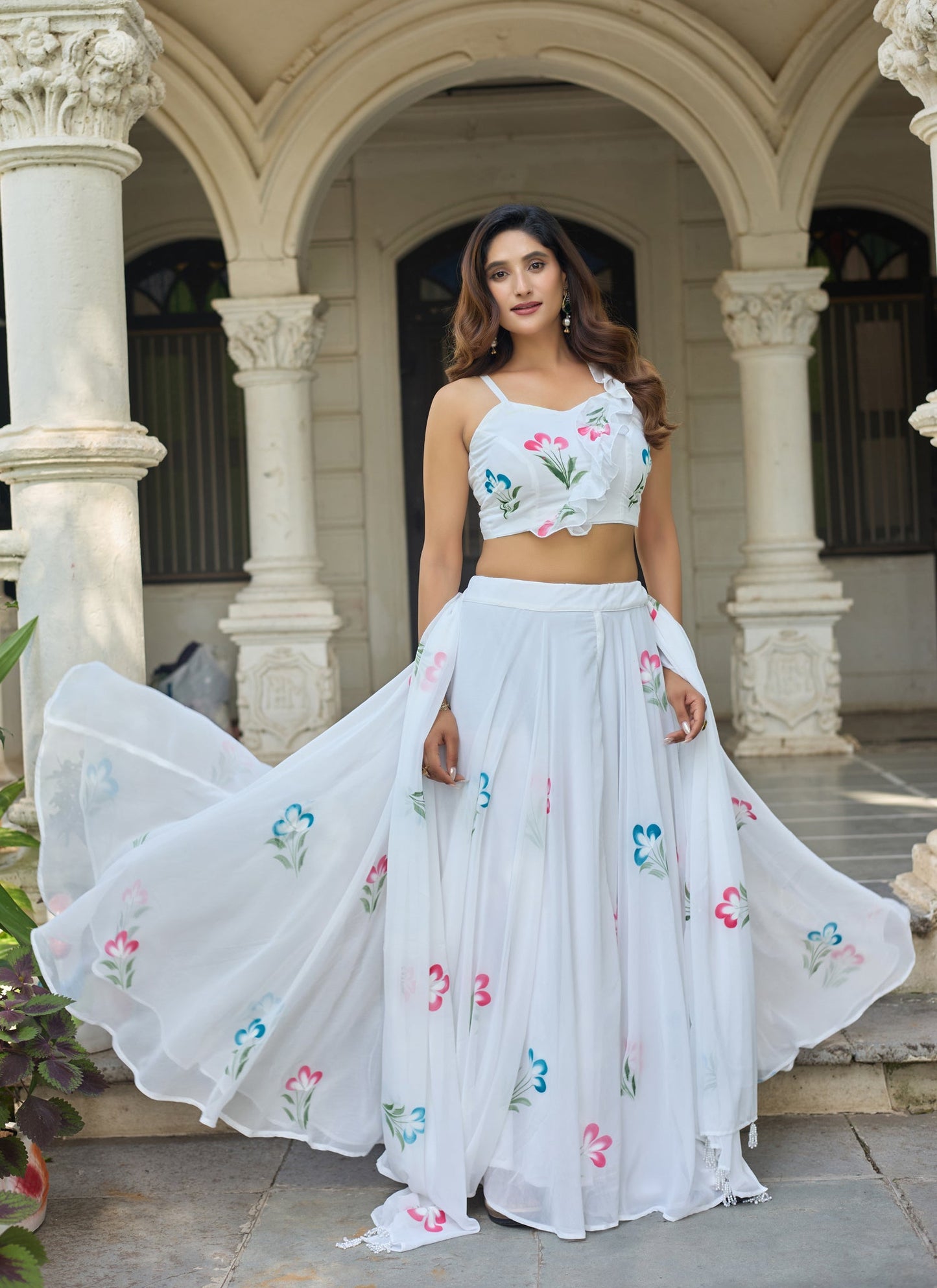 Lorenvalley Fashion White Georgette with Hand-painted Floral Design Lehenga Choli with Dupatta - Swadesiicart