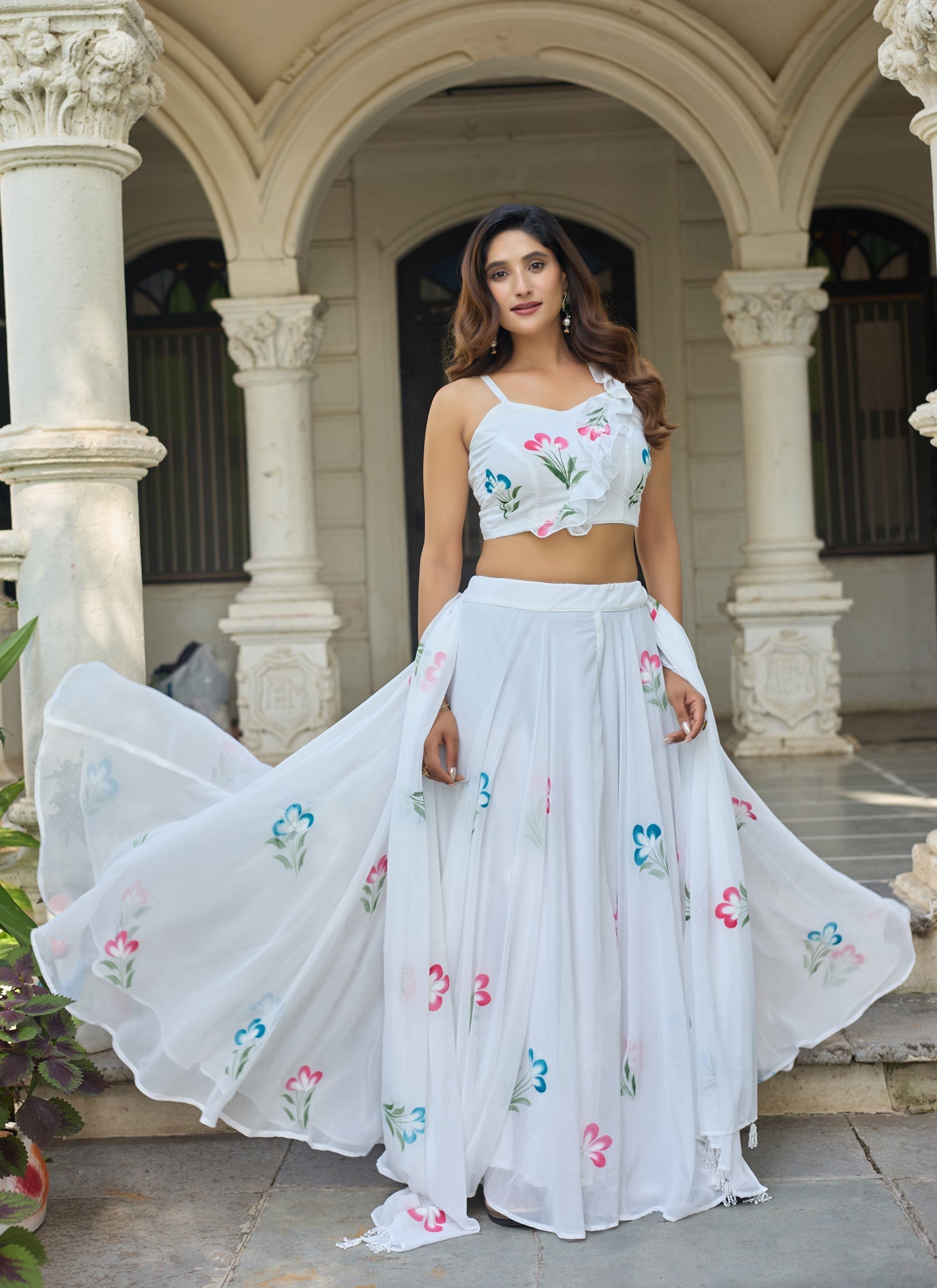 Lorenvalley Fashion White Georgette with Hand-painted Floral Design Lehenga Choli with Dupatta - Swadesiicart