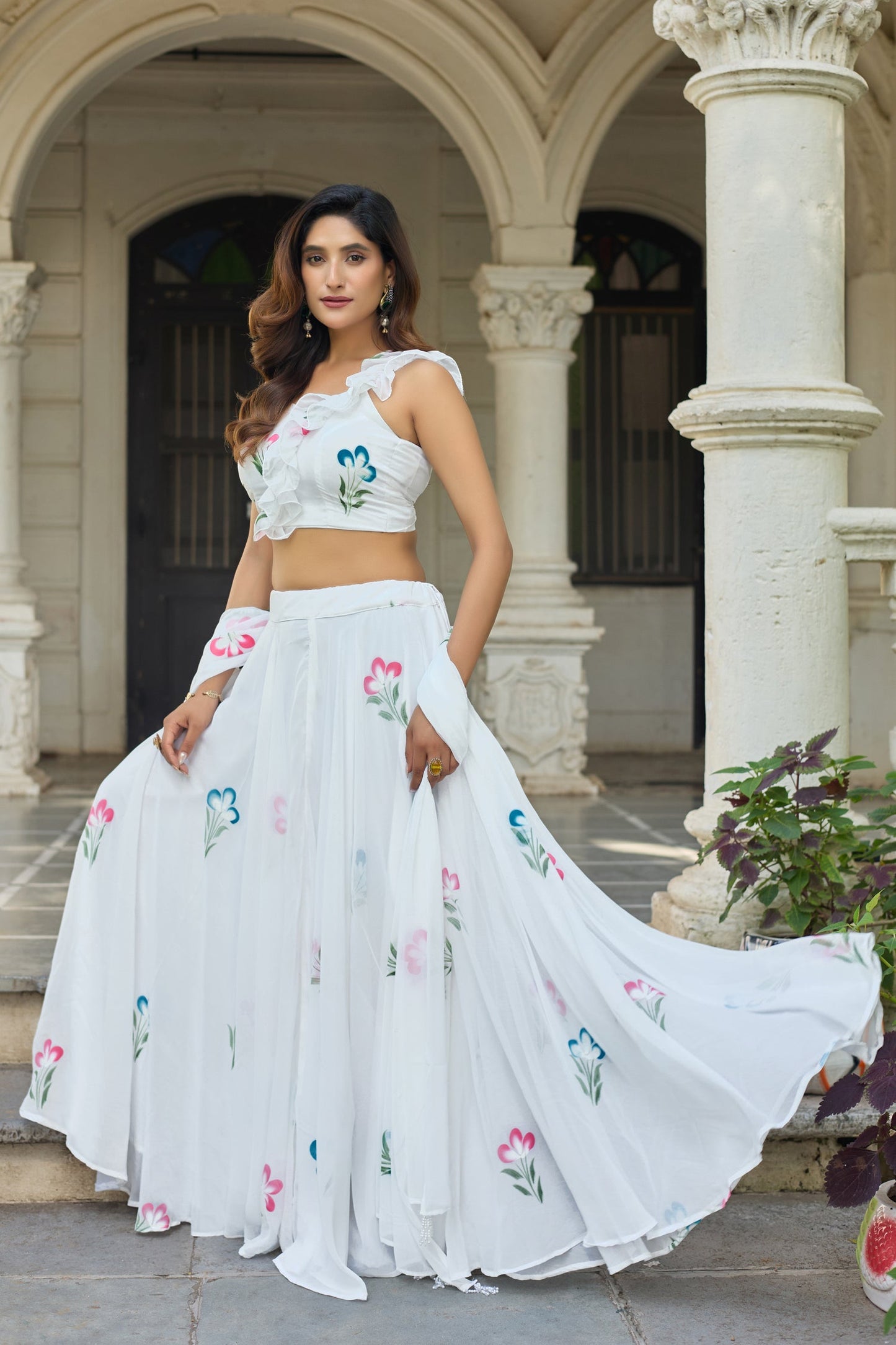 Lorenvalley Fashion White Georgette with Hand-painted Floral Design Lehenga Choli with Dupatta - Swadesiicart