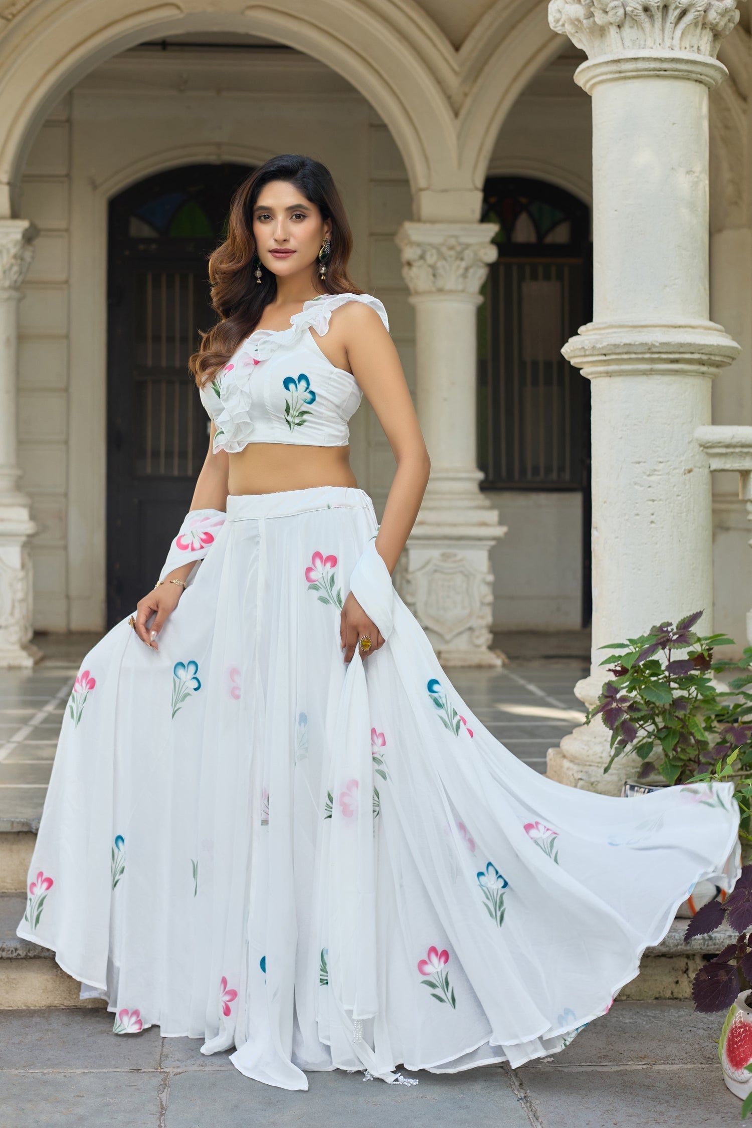 Lorenvalley Fashion White Georgette with Hand-painted Floral Design Lehenga Choli with Dupatta - Swadesiicart
