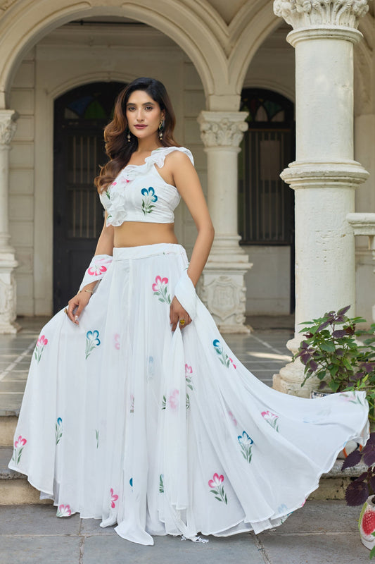 Lorenvalley Fashion White Georgette with Hand-painted Floral Design Lehenga Choli with Dupatta - Swadesiicart