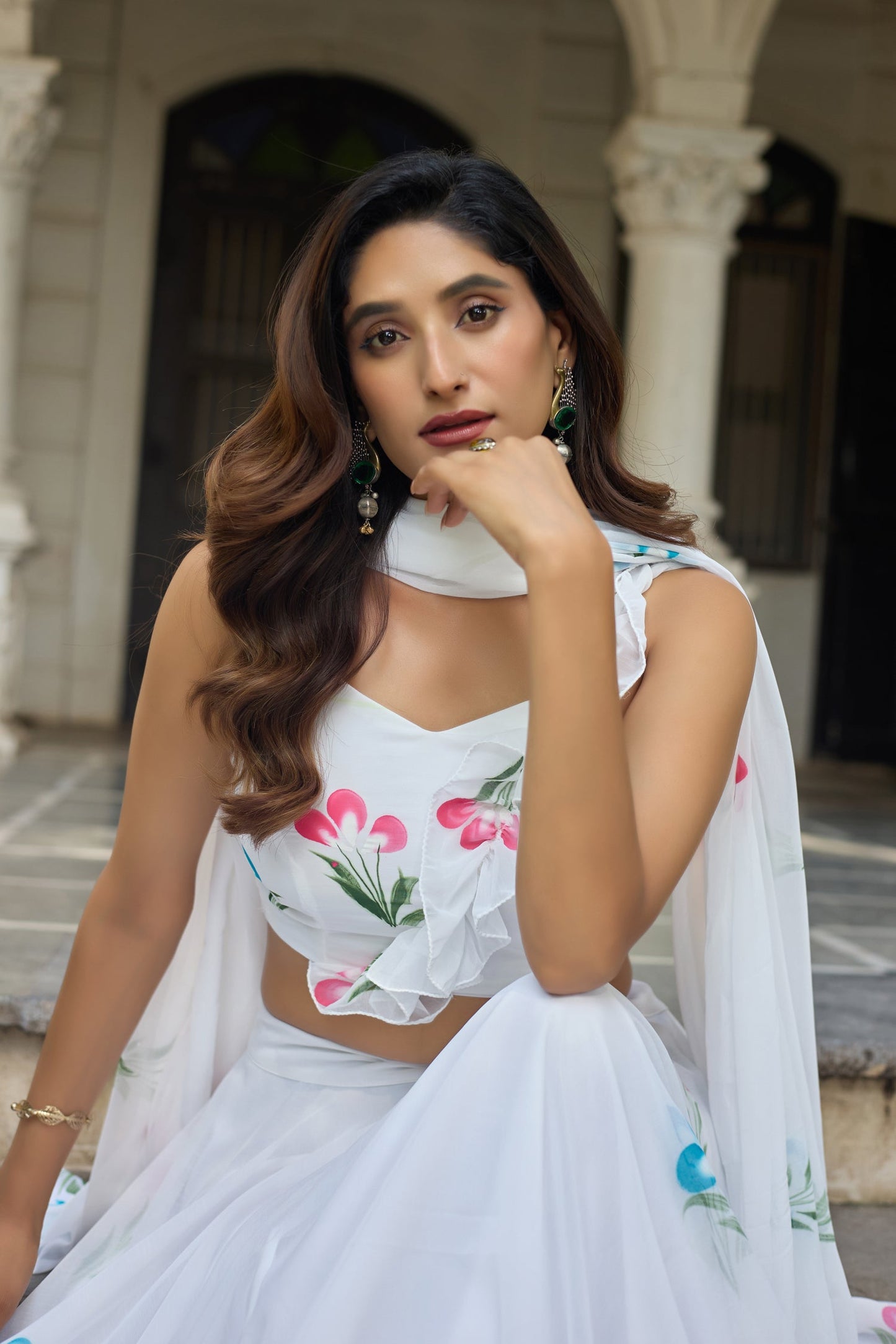 Lorenvalley Fashion White Georgette with Hand-painted Floral Design Lehenga Choli with Dupatta - Swadesiicart