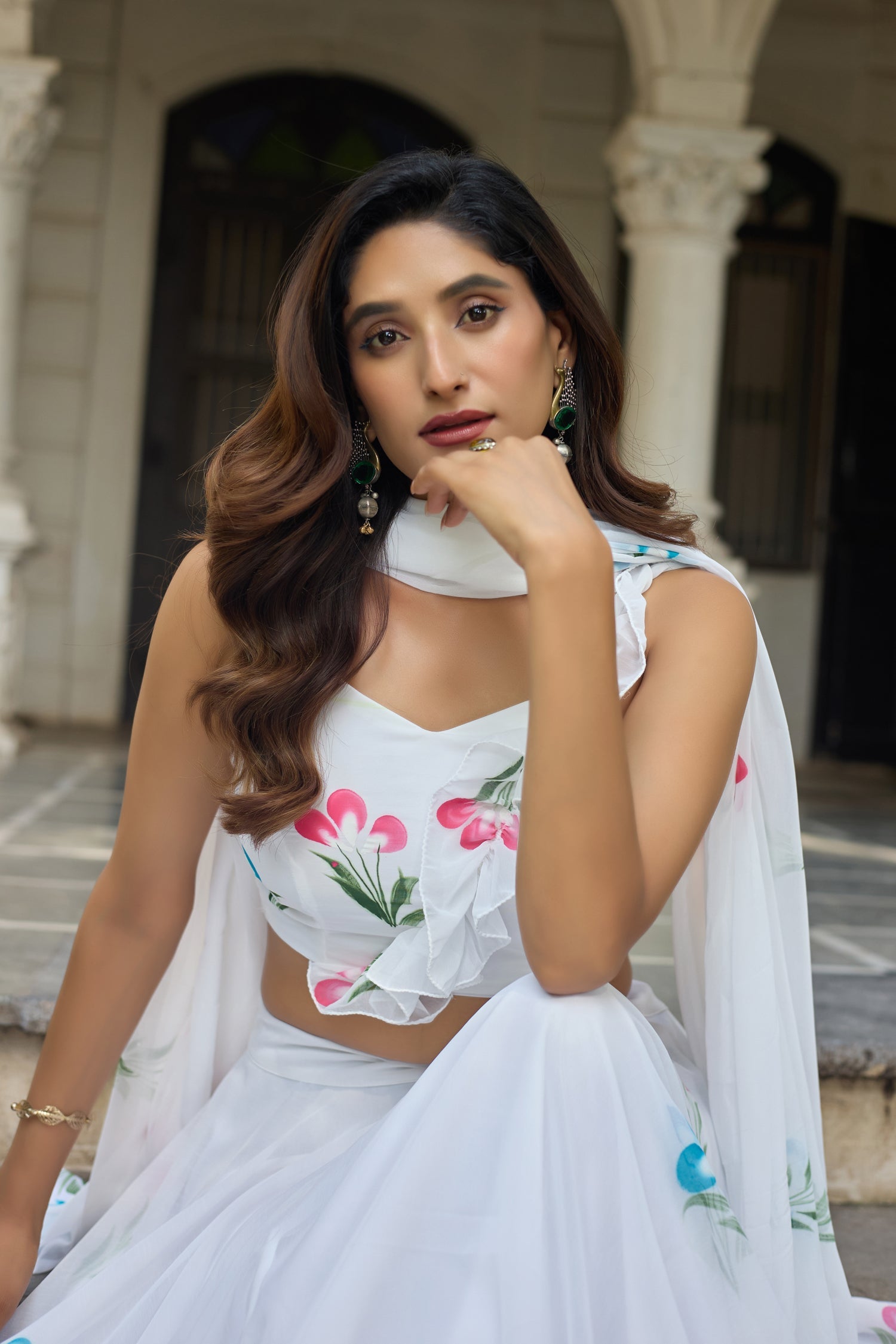 Lorenvalley Fashion White Georgette with Hand-painted Floral Design Lehenga Choli with Dupatta - Swadesiicart