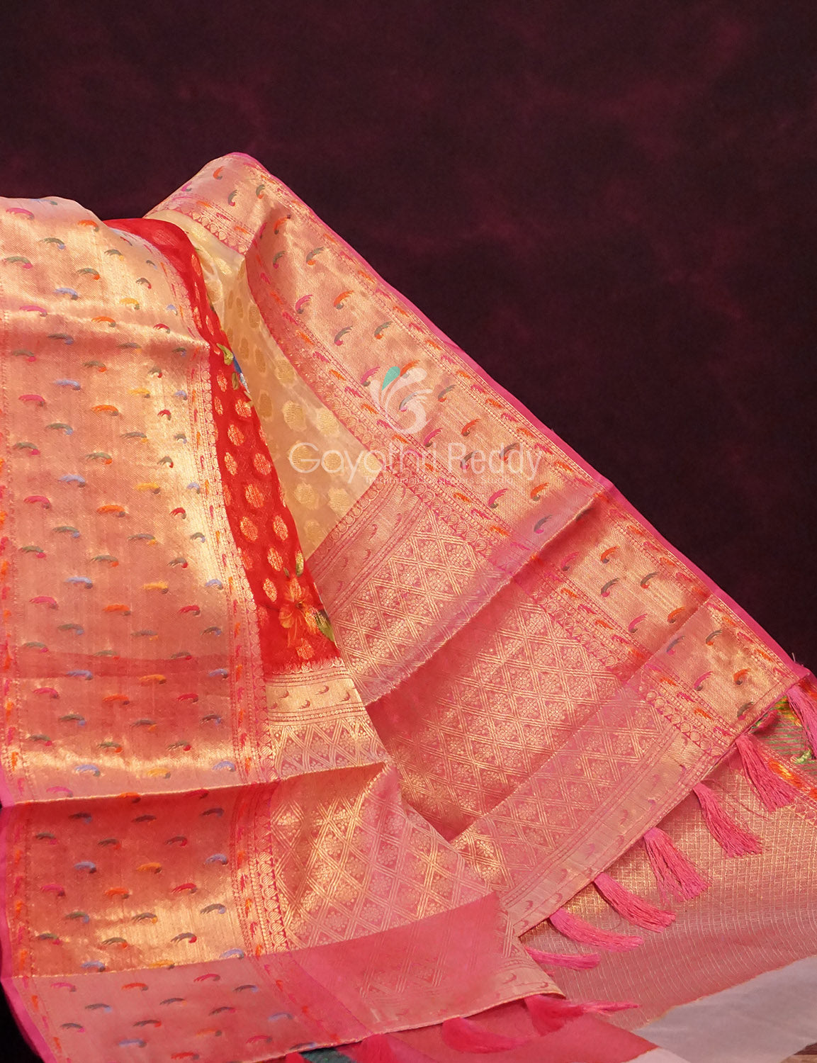 Shades Of Red Colour Banaras Borders And Creeper Design Semi Silk Saree By Gayathri Reddy Designer Studio | Swadesiicart