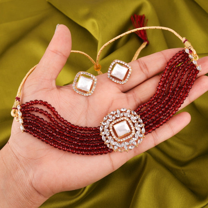Tehzeeb Creations Brass Gold-Polished Gold, Maroon, White Jewel Set - Swadesiicart