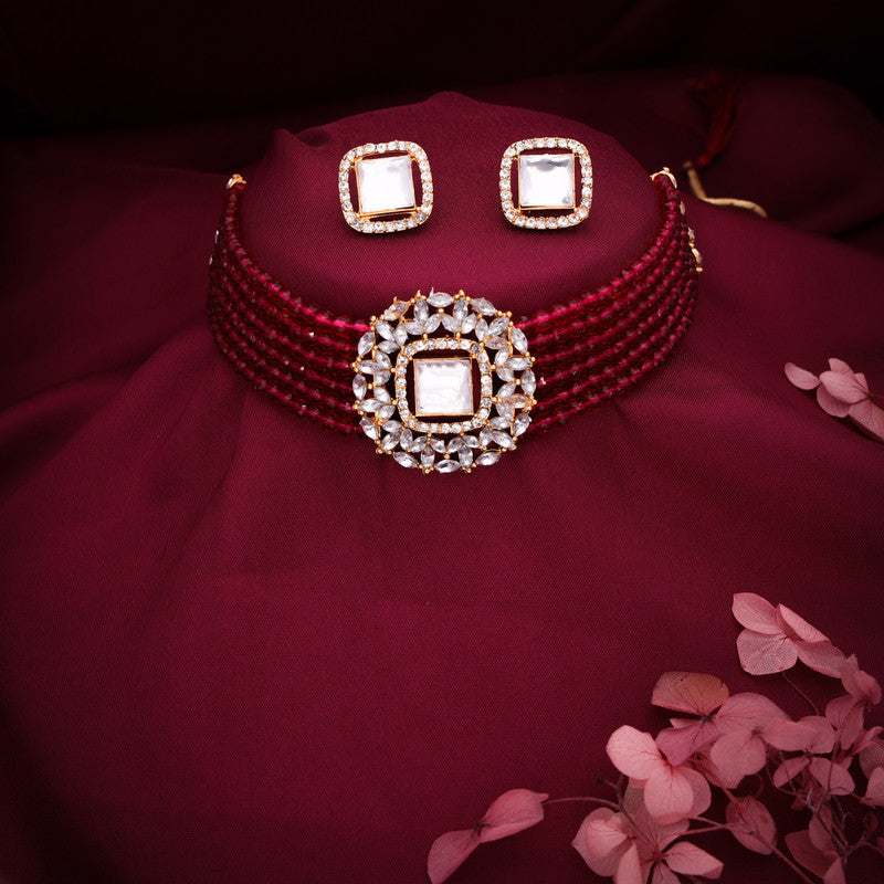 Tehzeeb Creations Brass Gold-Polished Gold, Red, White Jewel Set - Swadesiicart