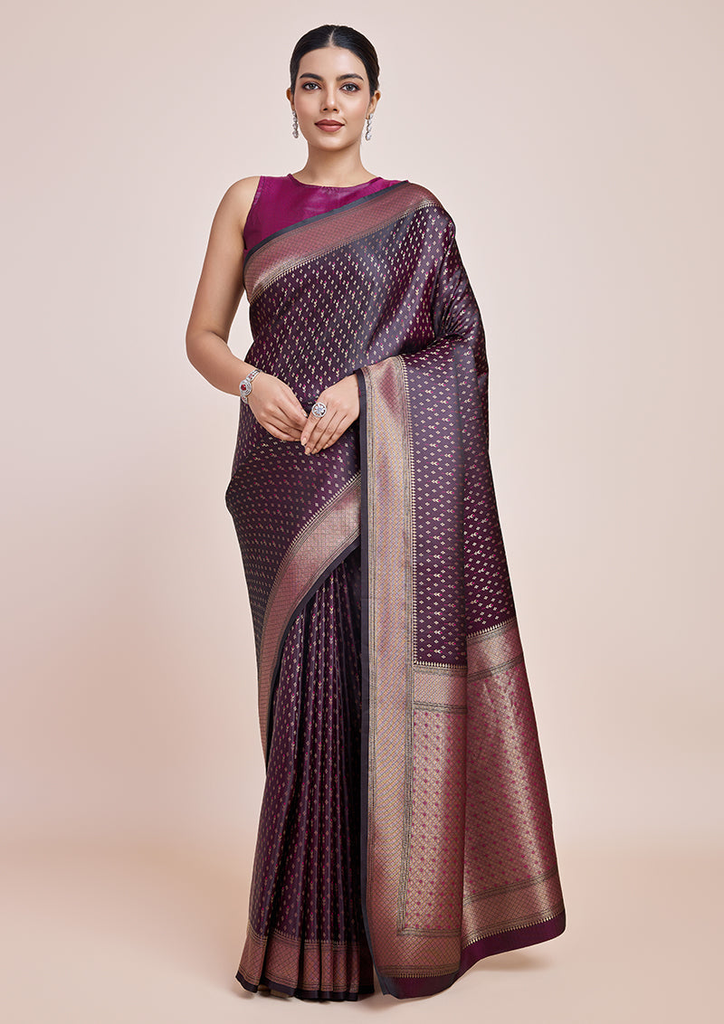 Monjolika Fashion Glamour And Tradition With This Zari Woven Wine Color Banarasi Satin Silk Saree | Swadesiicart
