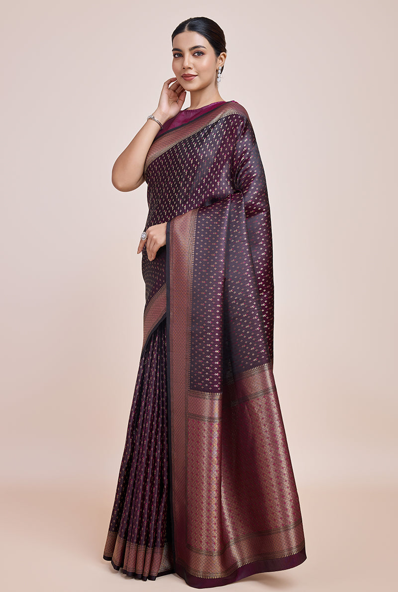Monjolika Fashion Glamour And Tradition With This Zari Woven Wine Color Banarasi Satin Silk Saree | Swadesiicart