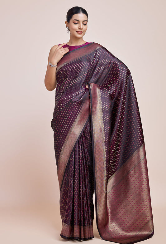 Monjolika Fashion Glamour And Tradition With This Zari Woven Wine Color Banarasi Satin Silk Saree | Swadesiicart