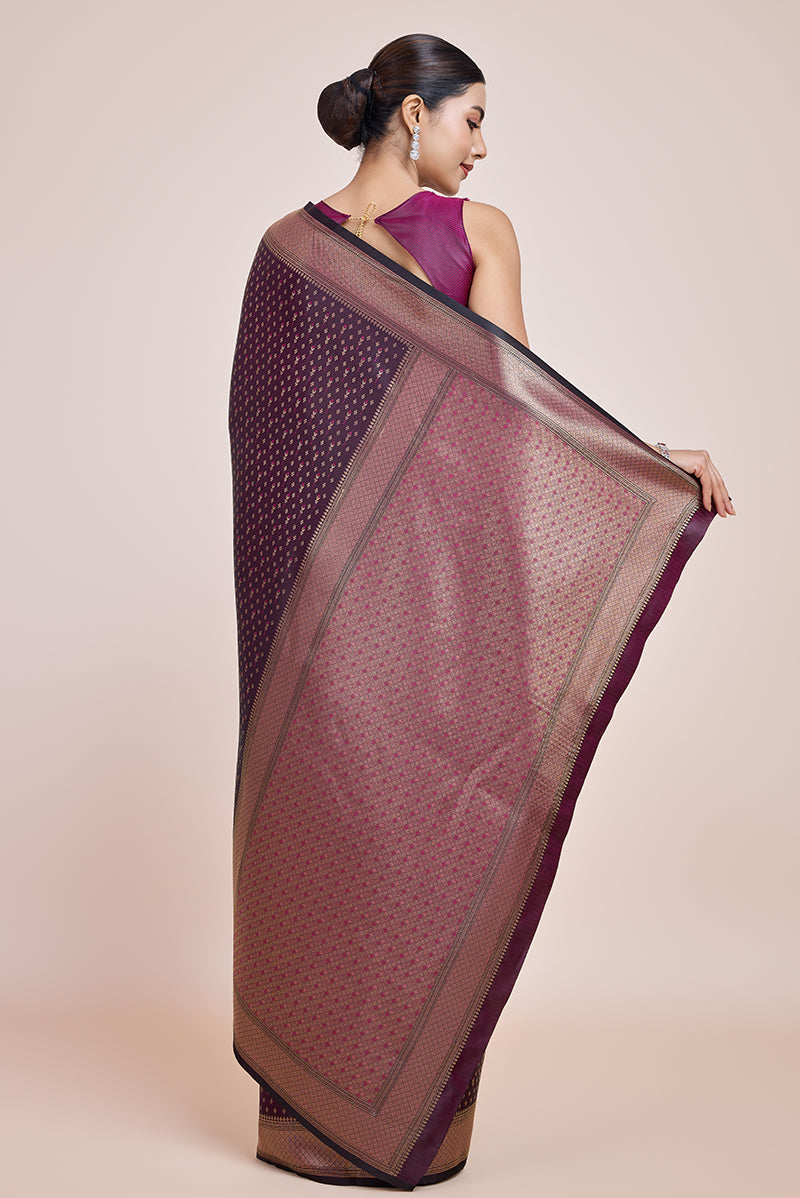 Monjolika Fashion Glamour And Tradition With This Zari Woven Wine Color Banarasi Satin Silk Saree | Swadesiicart