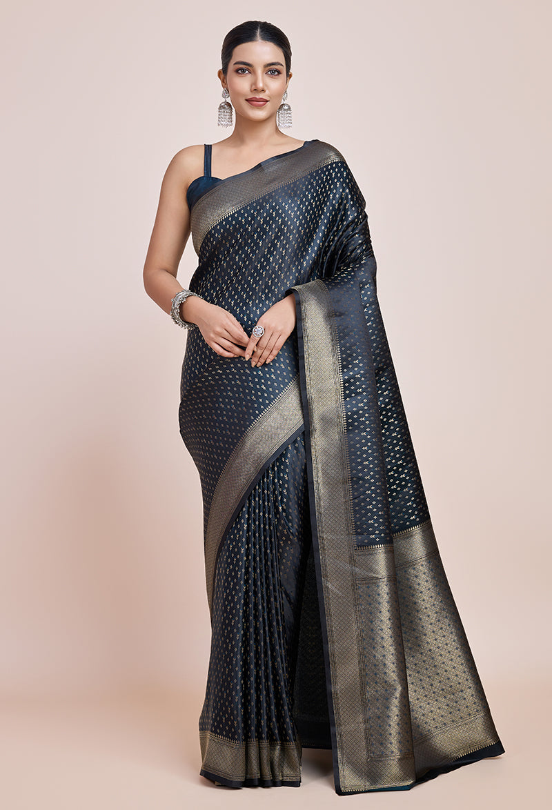 Monjolika Fashion Glamour And Tradition With This Zari Woven Dark Teal Color Banarasi Satin Silk Saree | Swadesiicart