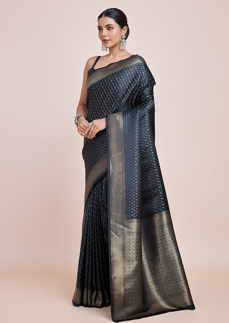 Monjolika Fashion Glamour And Tradition With This Zari Woven Dark Teal Color Banarasi Satin Silk Saree | Swadesiicart
