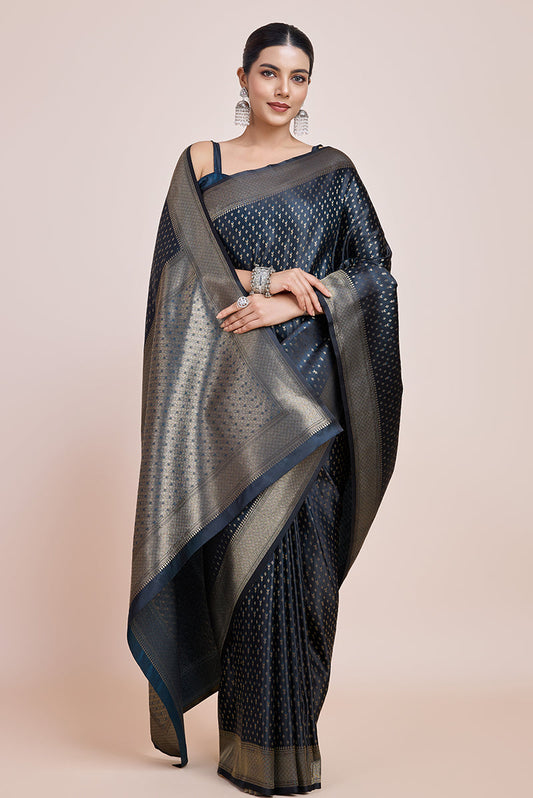 Monjolika Fashion Glamour And Tradition With This Zari Woven Dark Teal Color Banarasi Satin Silk Saree | Swadesiicart