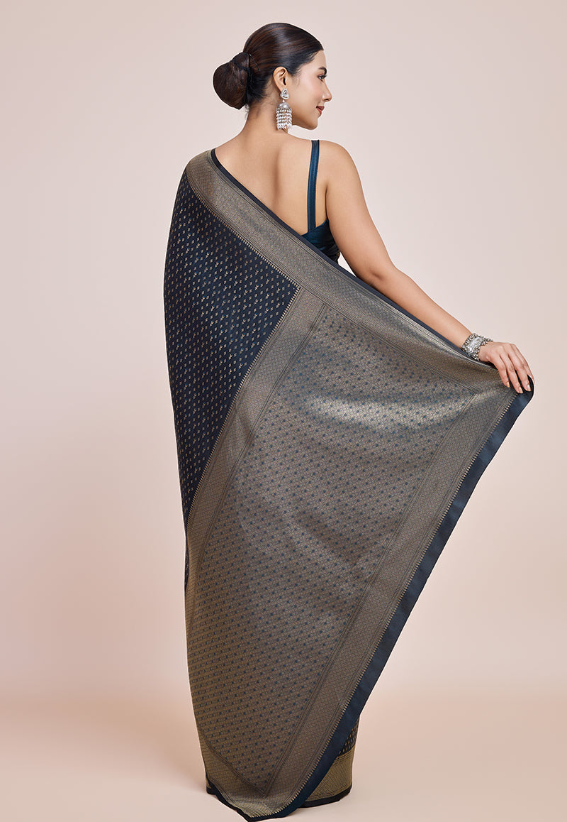 Monjolika Fashion Glamour And Tradition With This Zari Woven Dark Teal Color Banarasi Satin Silk Saree | Swadesiicart