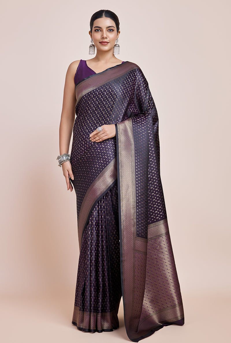 Monjolika Fashion Glamour And Tradition With This Zari Woven Darl Purple Color Banarasi Satin Silk Saree | Swadesiicart