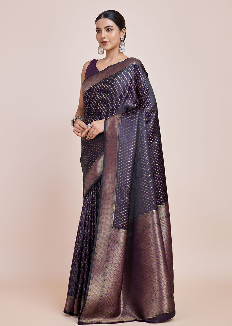 Monjolika Fashion Glamour And Tradition With This Zari Woven Darl Purple Color Banarasi Satin Silk Saree | Swadesiicart