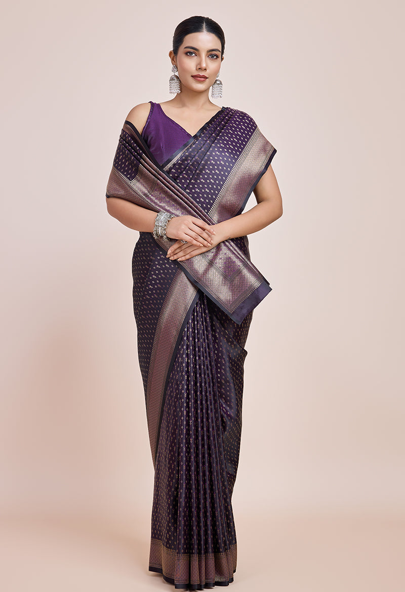 Monjolika Fashion Glamour And Tradition With This Zari Woven Darl Purple Color Banarasi Satin Silk Saree | Swadesiicart