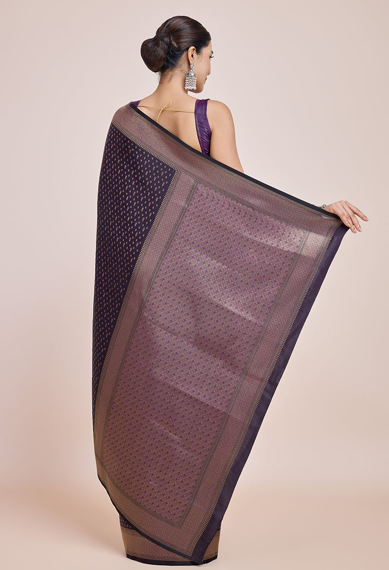 Monjolika Fashion Glamour And Tradition With This Zari Woven Darl Purple Color Banarasi Satin Silk Saree | Swadesiicart
