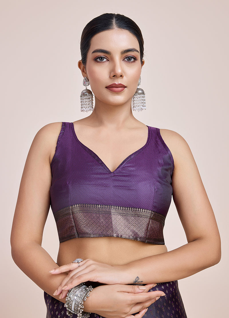 Monjolika Fashion Glamour And Tradition With This Zari Woven Darl Purple Color Banarasi Satin Silk Saree | Swadesiicart