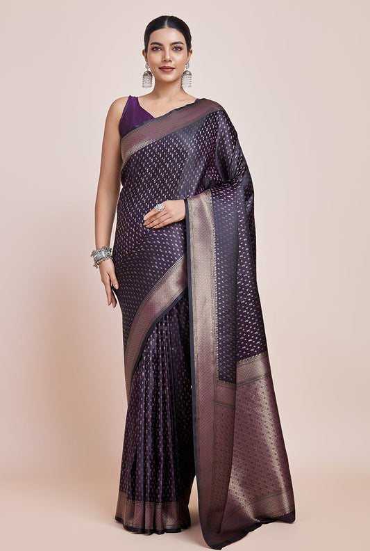 Monjolika Fashion Glamour And Tradition With This Zari Woven Darl Purple Color Banarasi Satin Silk Saree | Swadesiicart
