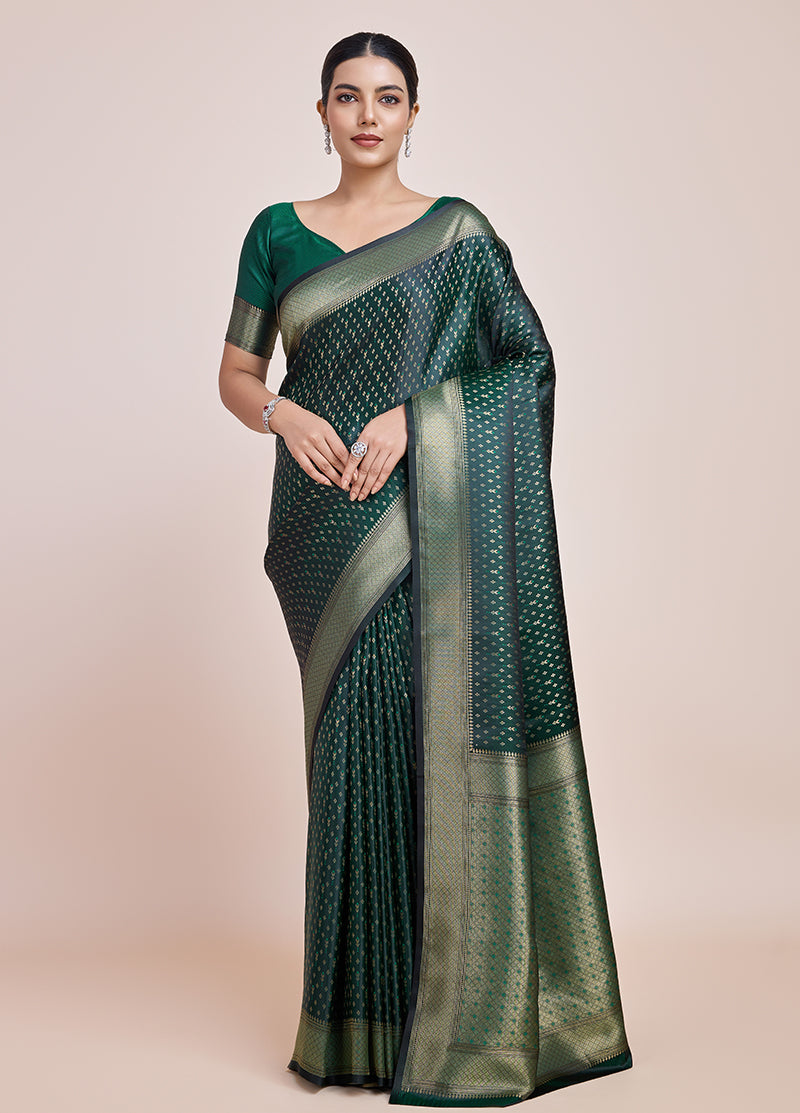 Monjolika Fashion Glamour And Tradition With This Zari Woven Dark Green Color Banarasi Satin Silk Saree | Swadesiicart