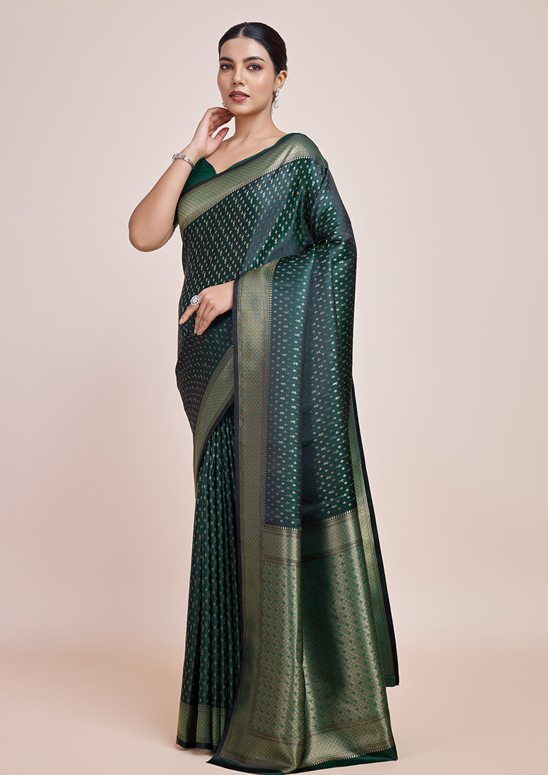 Monjolika Fashion Glamour And Tradition With This Zari Woven Dark Green Color Banarasi Satin Silk Saree | Swadesiicart
