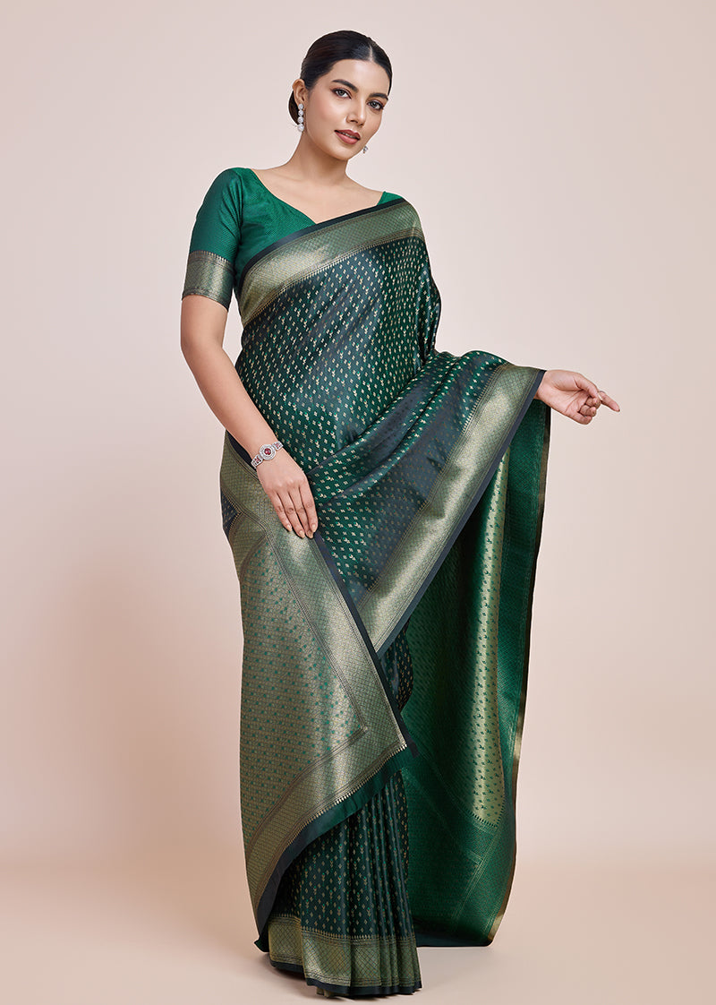 Monjolika Fashion Glamour And Tradition With This Zari Woven Dark Green Color Banarasi Satin Silk Saree | Swadesiicart