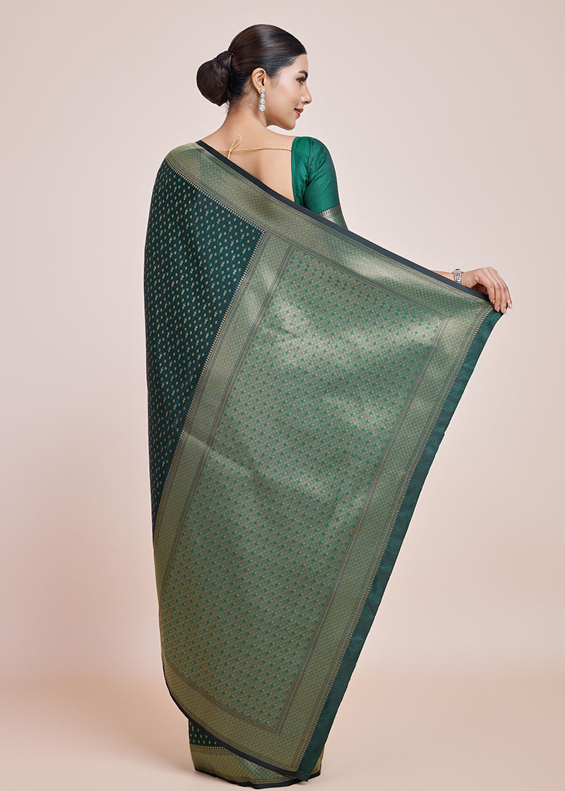 Monjolika Fashion Glamour And Tradition With This Zari Woven Dark Green Color Banarasi Satin Silk Saree | Swadesiicart